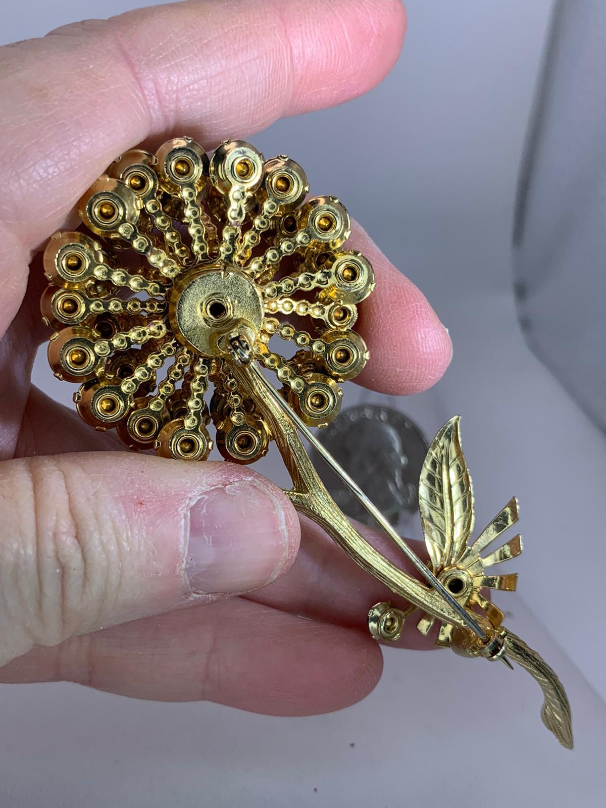 Flower on Stem Openwork Blue Rhinestones 1930s Vintage Gold