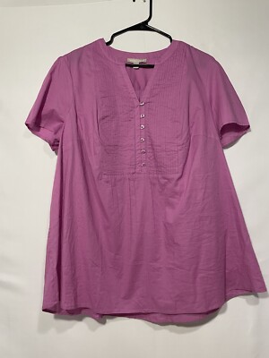 Woman Within Tunic Top Womens 18/20 Large Pink Pleated Button Up V-Neck 