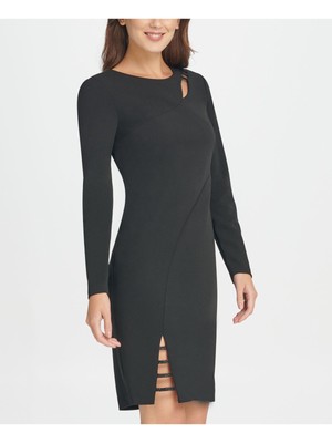 

Женское черное вечернее платье прямого кроя DKNY с длинным рукавом и вырезом выше колена, Черный