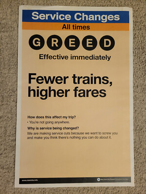 NEW YORK CITY MTA SUBWAY SERVICE CHANGES ANNOUNCEMENT SPOOF / SATIRE POSTER 2010