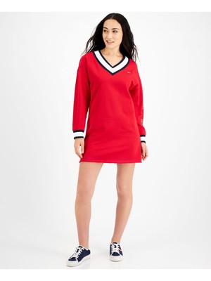 

TOMMY JEANS Женское красное платье-свитер без подкладки с длинными рукавами и V-образным вырезом, размер, Красный