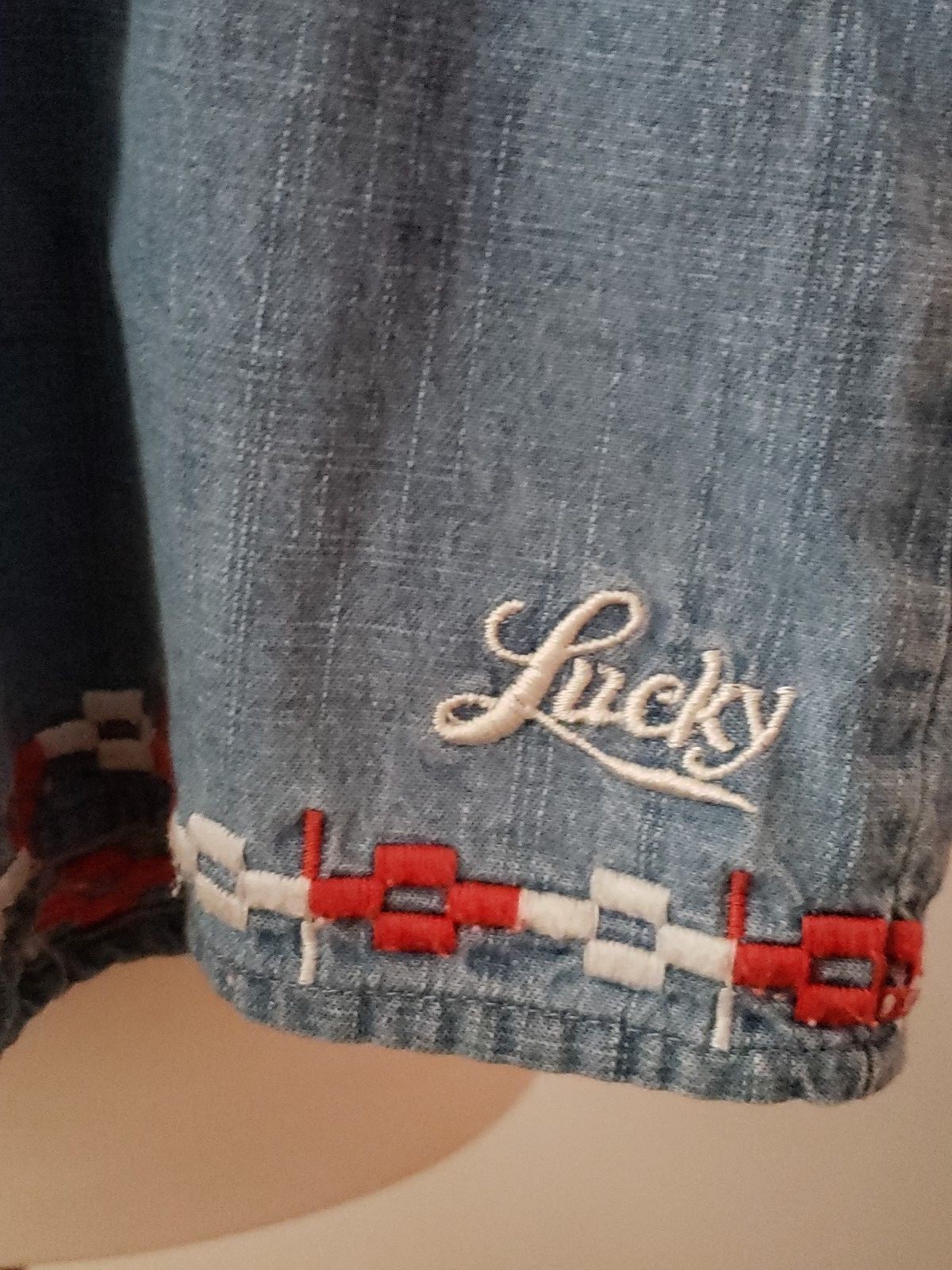 Lucky Brand Denim Romper Girls Size 10 Blue Red Fringe Spaghetti Straps Shorts