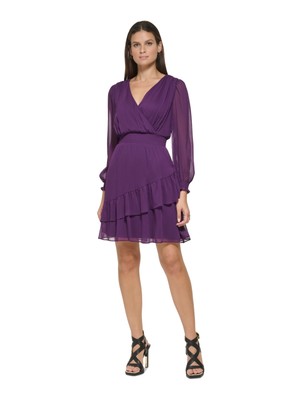 Женское фиолетовое платье DKNY с асимметричной оборкой на подкладке и длинным рукавом Fit + Flare 14