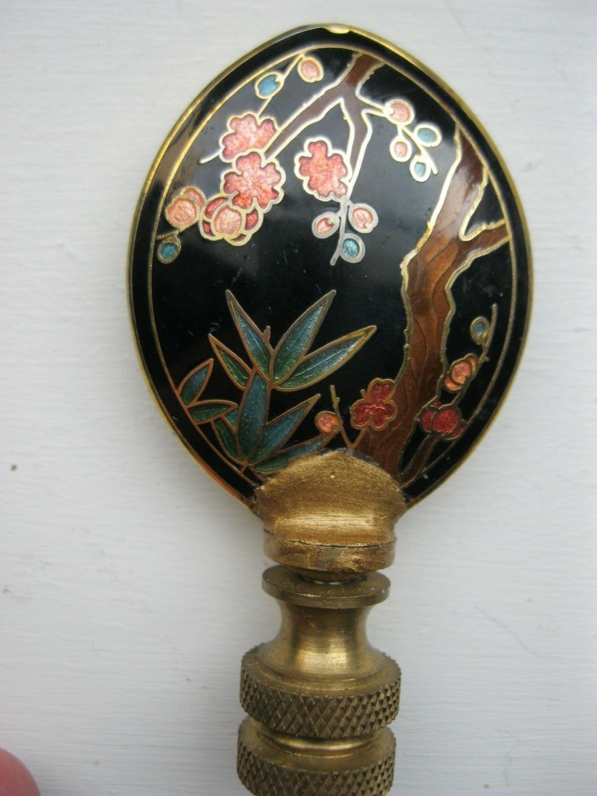 Antique Cloisonne Finial Lamp Part Chinese Cherry Blossom Bamboo Double Sided