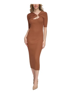 CALVIN KLEIN Womens Brown Knit Hardware Short Sleeve Midi Party Sweater Dress S