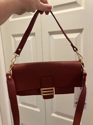 NWT DIVINA FIRENZE Italy Leather Burgundy Baguette Flap Crossbody Handbag