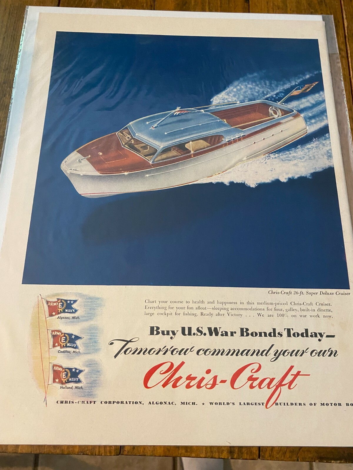 Vintage 1943 Chris Craft 26 Ft. Deluxe Cruiser Boat Boating