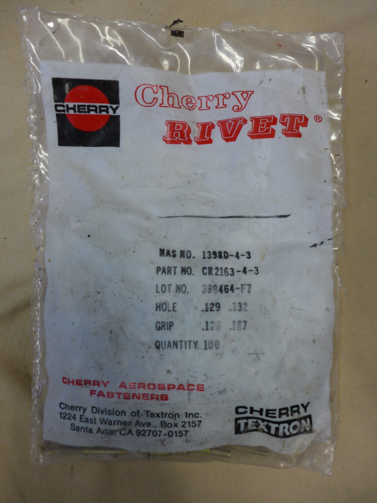 Cherry Textron/Cherrymax BLIND RIVET #CR2163-4-3, NAS1398D-4-3 NEW Bag of 100