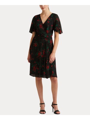 

RALPH LAUREN Женское черное платье с рукавами-крылышками выше колена на подкладке и искусственным запахом, Черный