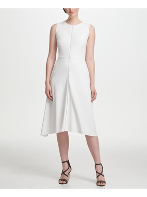 

Женское белое платье миди без рукавов DKNY с вырезом-фонариком для работы + расклешенное платье, Белый