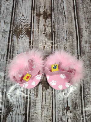 Build a Bear BABW Pink Fuzzy Feather Sandals Heels Shoes Slippers Paw Print Sole