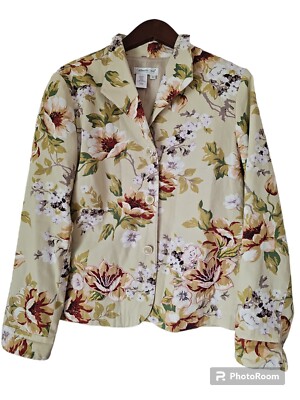 Stunning Beige Green Floral Print 3 Button Jacket by Coldwater Creek Size Medium