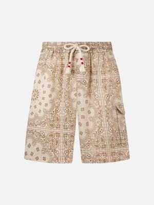 Pre-owned Mc2 Saint Barth Man Linen Bermuda Marseille With Bandanna Print In White