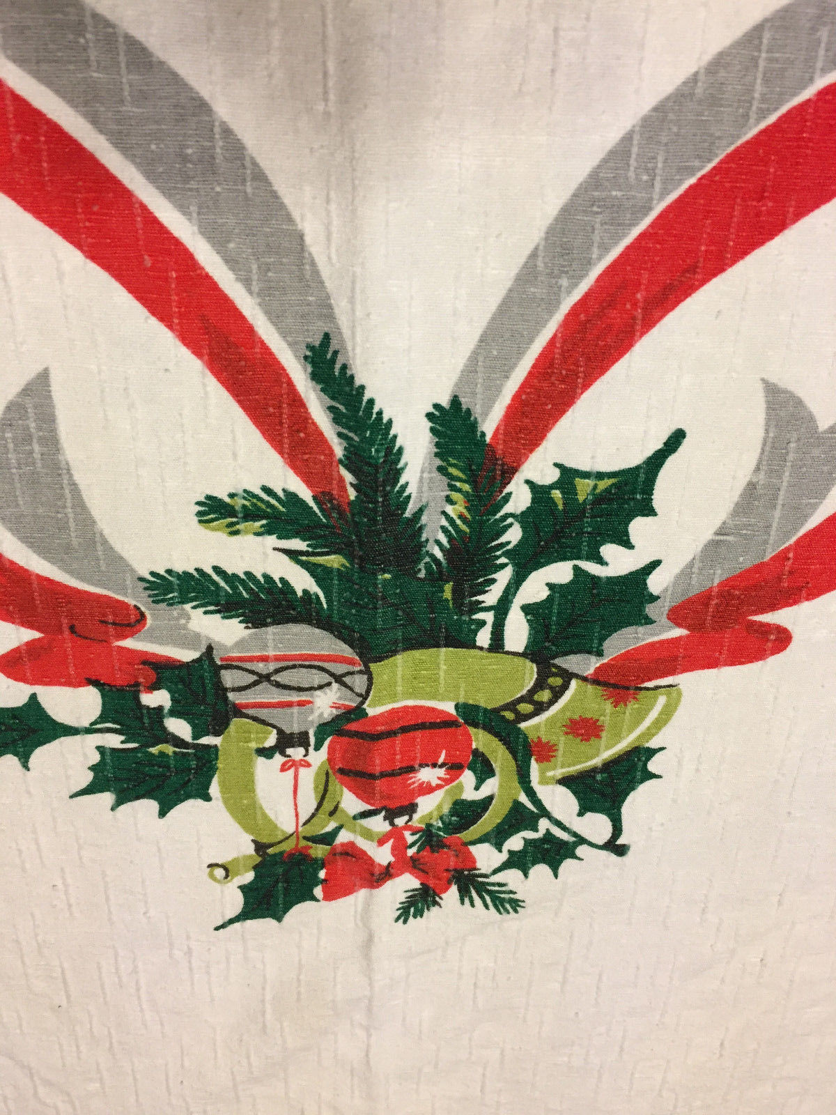 Christmas tablecloth MCM shiny brite ornaments gray red 56 x 52