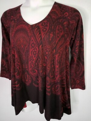 NALLY & MILLIE Women's Medium Black Red Paisley Tunic Top V-Neck Long Sleeves 