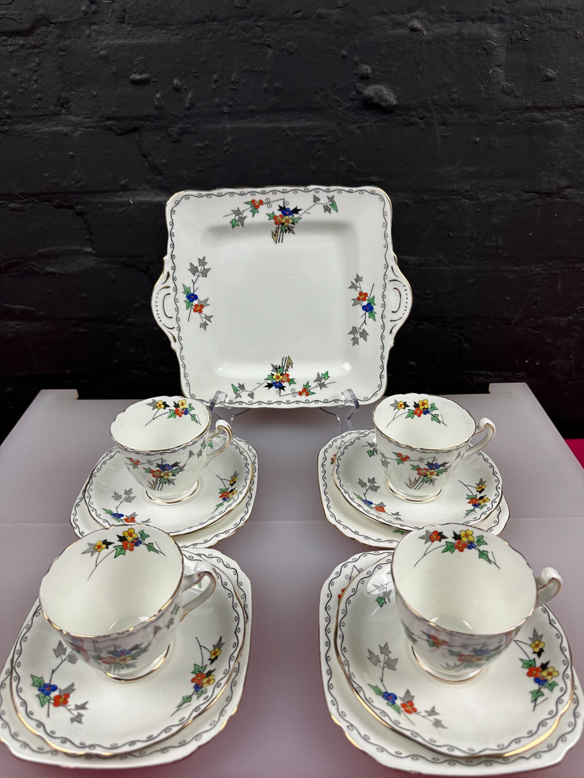 Art Deco Delphine China Tea Trios Cups Saucers Side and Bread Plates 13 Items