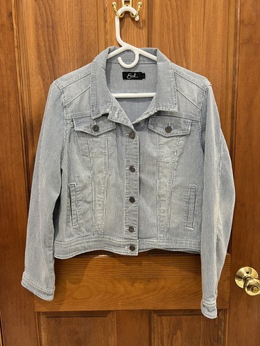 Earl Jeans Womens Denim Jacket Size L Blue Pinstriped Denim jacket