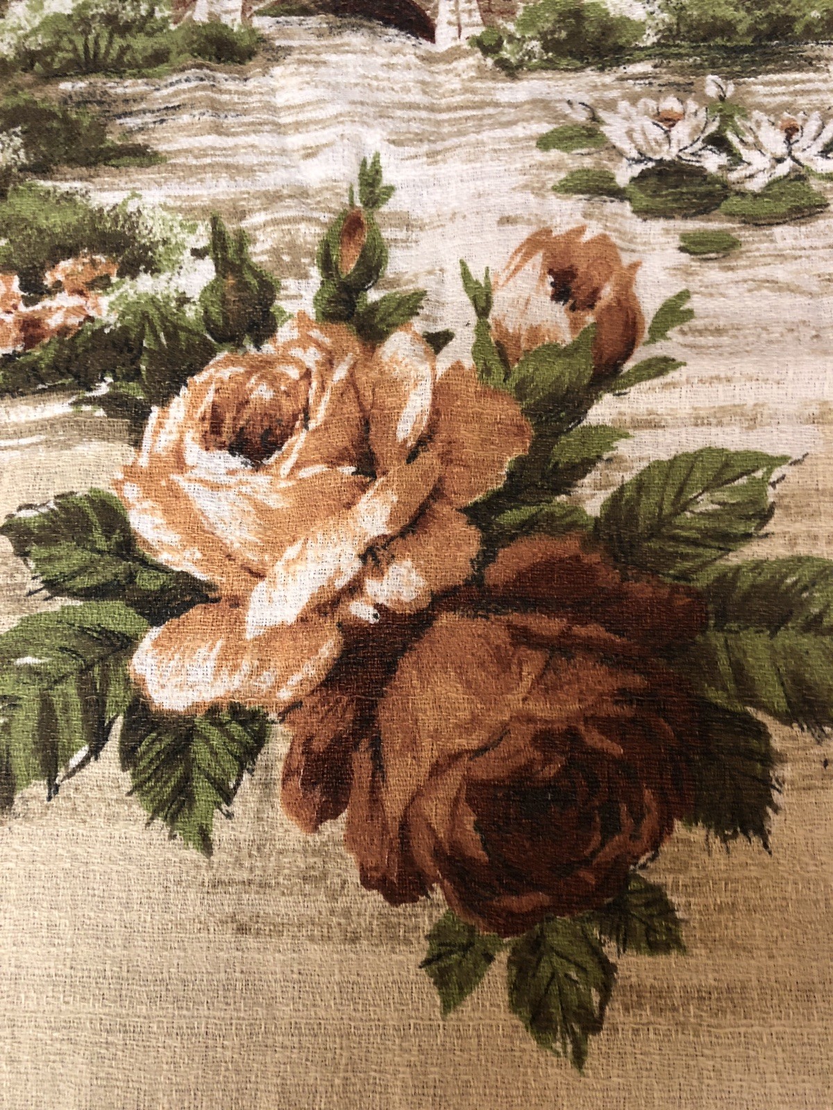 Vintage Textured Fabric BARKCLOTH Drapery Curtain Panel Cottage Scene 72x35