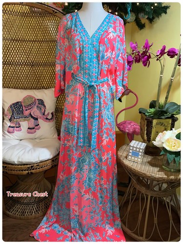 Pre-owned Lilly Pulitzer Carmynn Maxi Caftan Coral Spritz Shelly Bay Size Xs,s,m ? In Multicolor