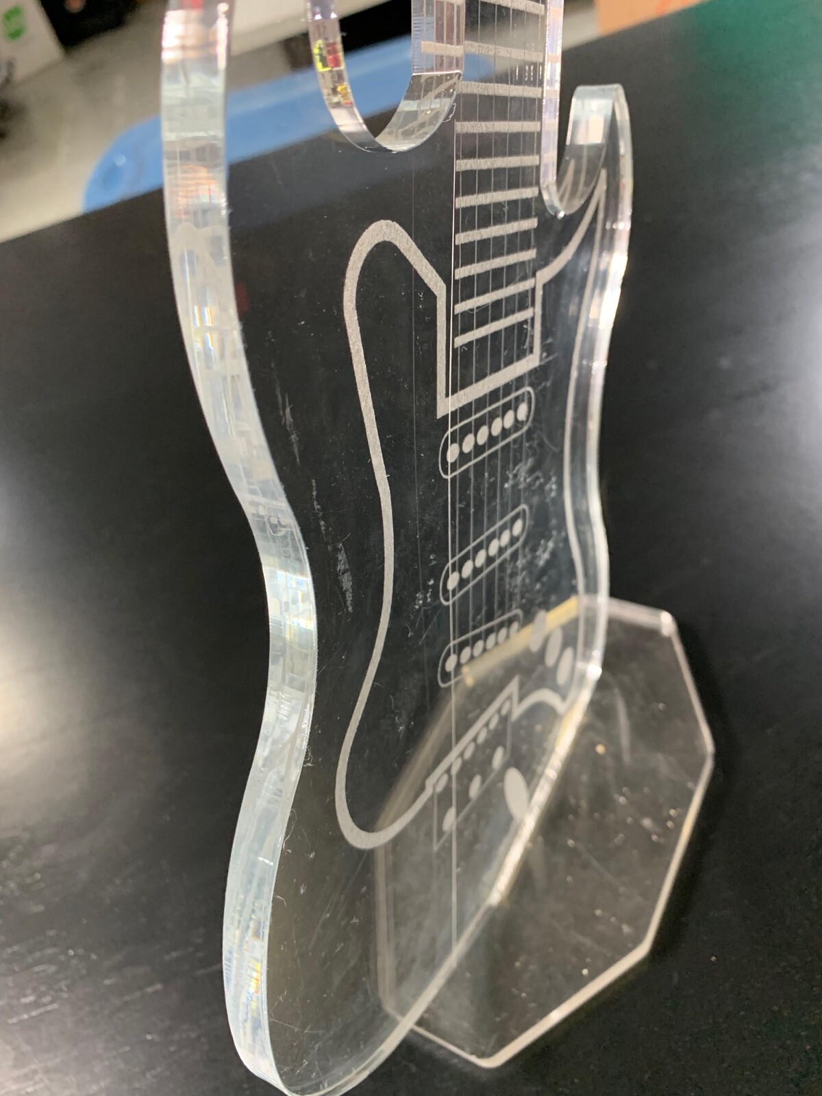 RARE UNIQUE PLEXIGLASS ETCHED Electric Guitar w/ STAND. 20 INCH