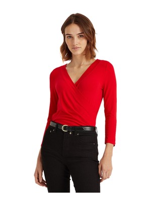 

Красный женский топ с длинными рукавами и рюшами RALPH LAUREN Petites