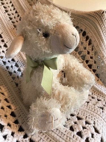 Hallmark Lamb Little Blessings Floppy Christian Plush Holy Cross Foot Green Bow