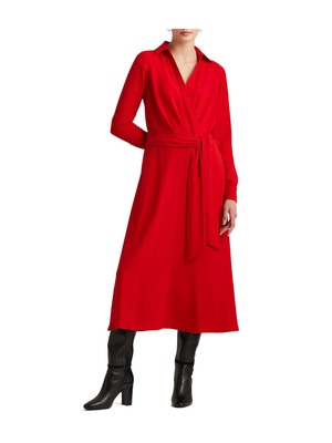 

Женское красное коктейльное платье без подкладки RALPH LAUREN с манжетами и рукавами чайной длины, Красный