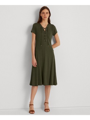 

LAUREN RALPH LAUREN Женское зеленое платье с короткими рукавами и расклешенным принтом на подкладке, Зеленый