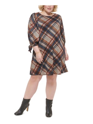 

Женское бежевое платье прямого кроя выше колена JESSICA HOWARD в клетку с расклешенными рукавами, Бежевый