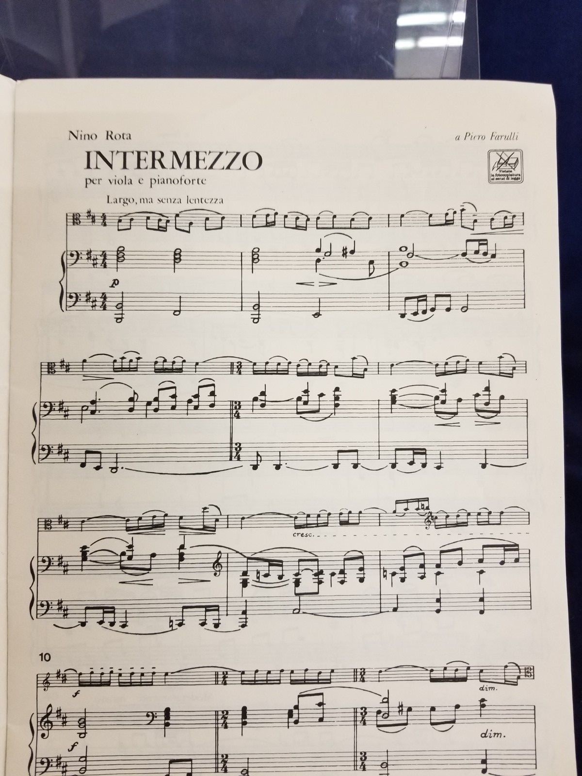 Nino Rota - Intermezzo for Viola & Pianoforte Ricordi sheet music VG PB 181107