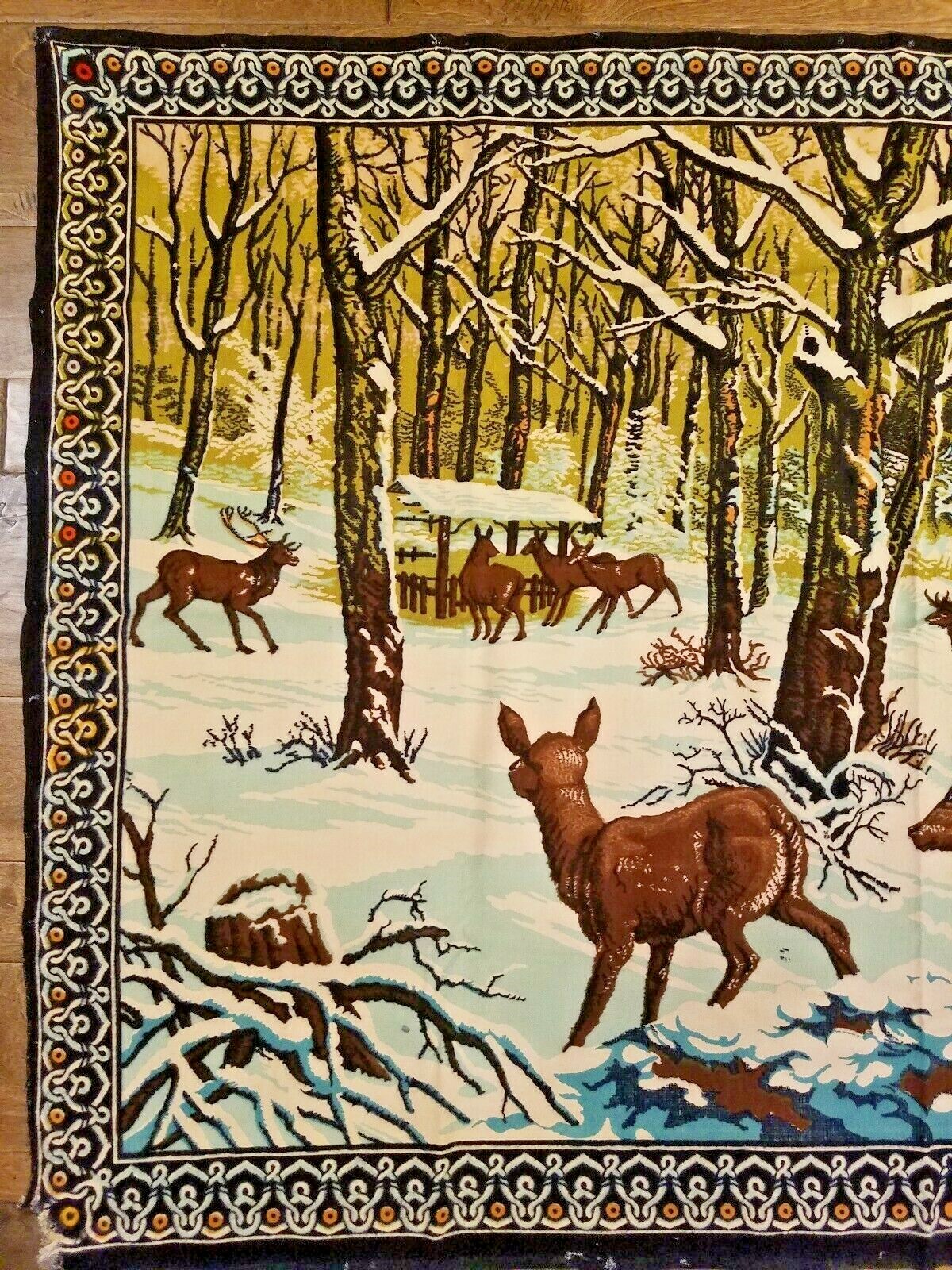 Vintage Large Plush Velvet Rug Wall Hanging Tapestry Stag Deer Buck Doe 56 x 38