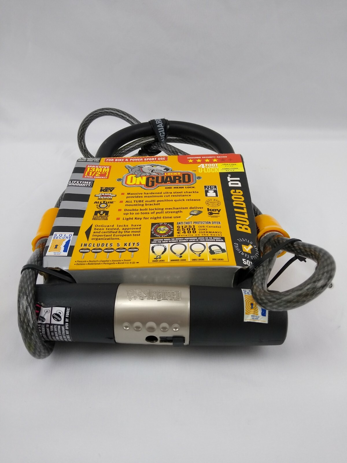 Onguard 5012 Bulldog DT U-Lock with Cable Bike Lock Cycling 13mm 4ft U-Lock