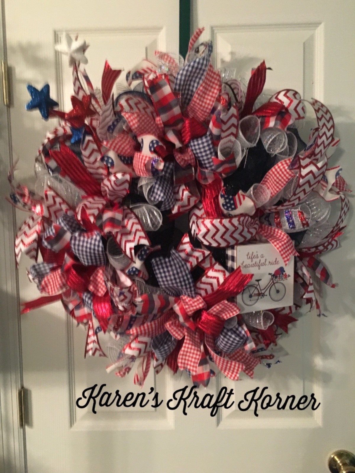 New Handmade Patriotic Deco Mesh Ribbons Wreath Door Red White Blue