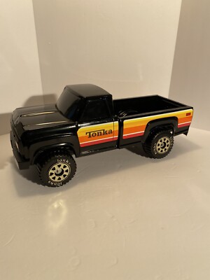 Vintage 1980's Black Tonka Pickup Truck-Yellow/Orange Decals-Black Windows 14''