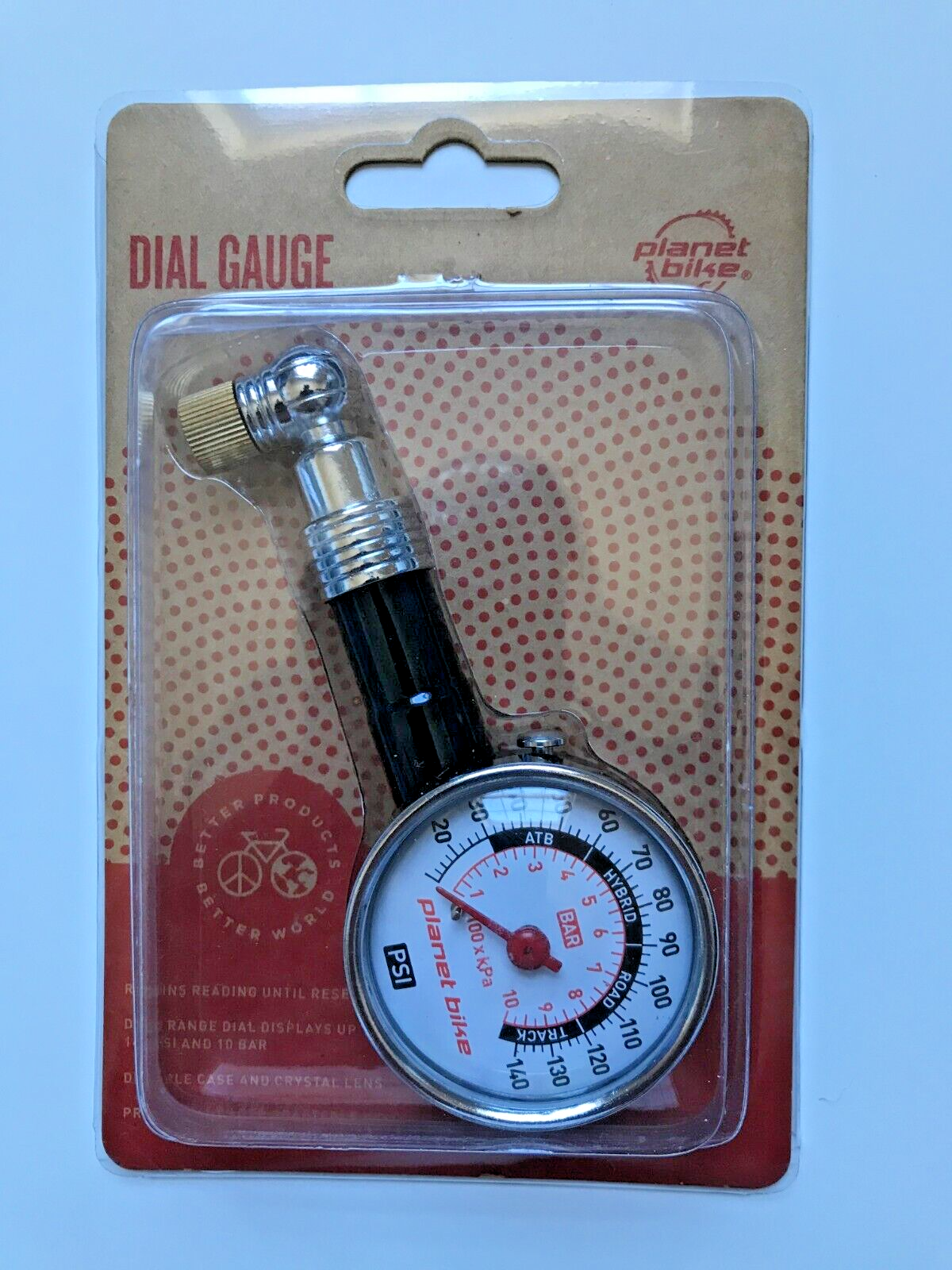 Planet Bike Dial Gauge, fits Presta and Schrader Valves, Mea