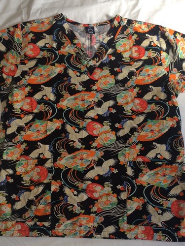 Lot Of 6 Scrub Tops -Scrub Coats 1 Pair Scrub Pants Sz. M Patterns Pink Black