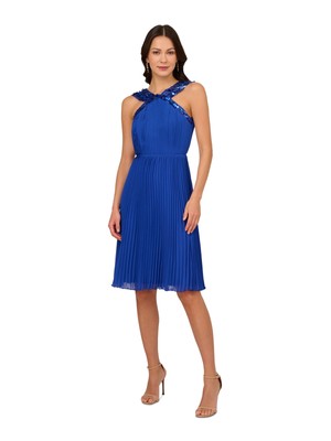 ADRIANNA PAPELL Womens Blue Lined Sleeveless Above The Knee Fit + Flare Dress 2