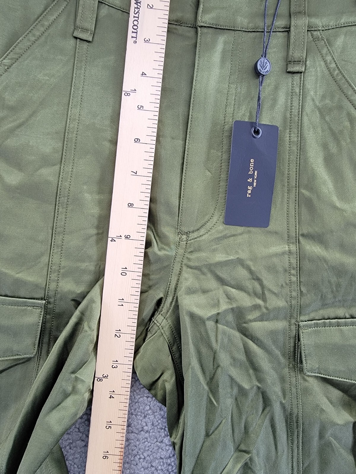 rag & bone Cailyn Satin Cargo Pants Women's 23 Army Green Straight Button Zip - Picture 8 of 18
