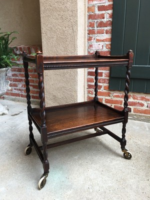 Antique English Oak BARLEY TWIST Tea Trolley Serving Cart Table Dumbwaiter