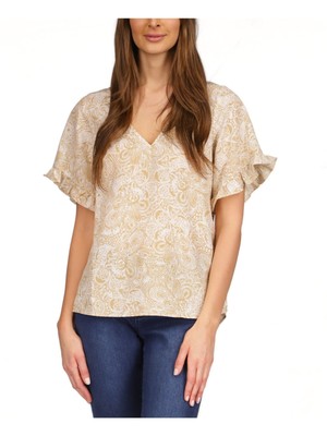 Женский бежевый топ MICHAEL MICHAEL KORS с круглым вырезом и разрезом сзади, коротким рукавом и V-образным вырезом, XS