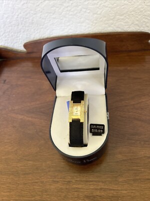 Willow Bay Quartz Watch Gold Tone Face Black Adjustable Band NEW
