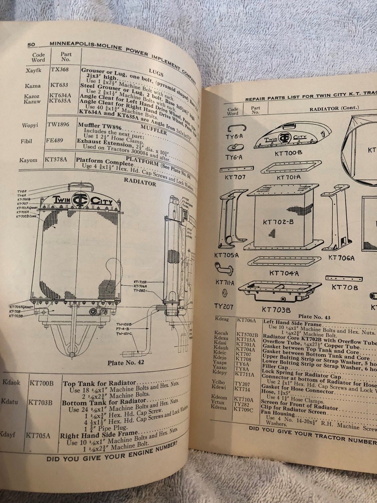 1935 Minneapolis Moline Model KT Tractor Repair Parts List