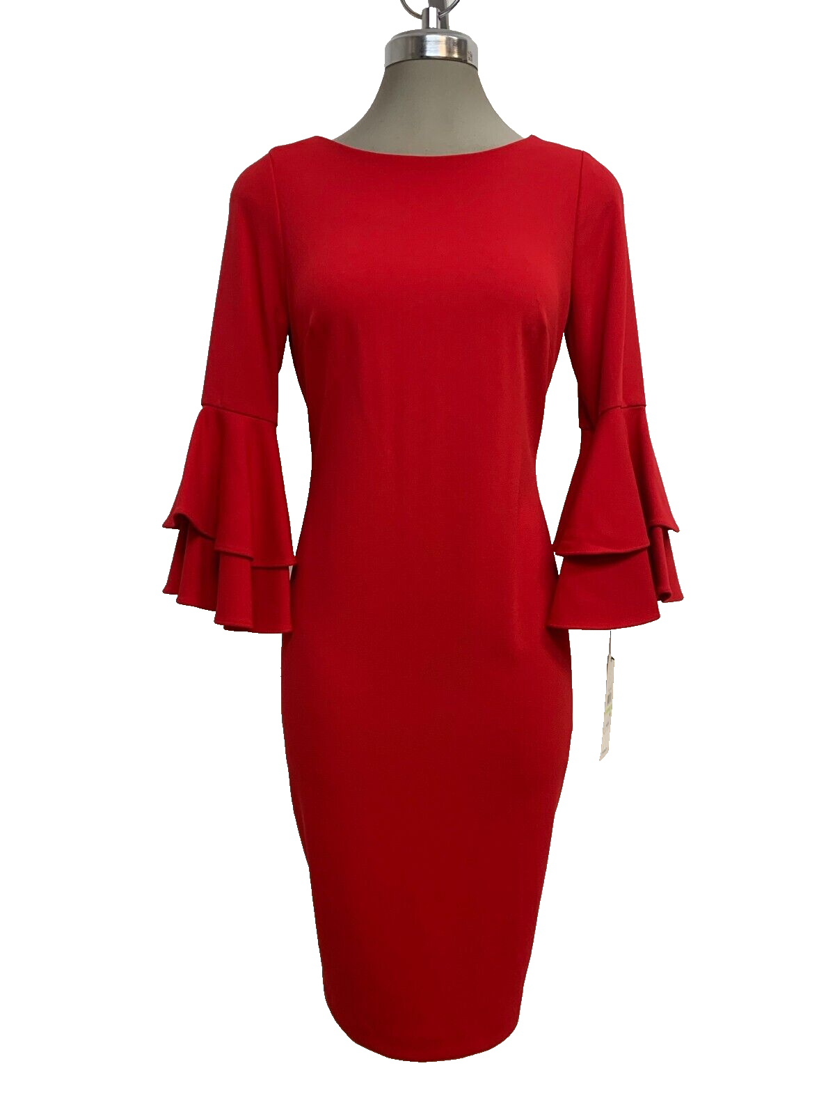 Новое элегантное женское платье-футляр из красного крепа с расклешенным рукавом Calvin Klein размера 4