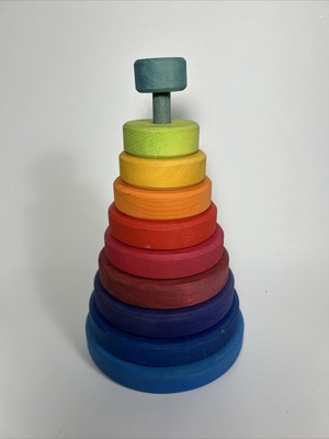 Grimm's Large Wooden Conical Stacking Tower, 10-Piece Rainbow Colored Stack