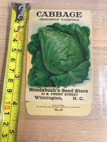 ANTIQUE 1918 CABBAGE SEED PACKET / ROUDABUSH SEED STORE, N.C.