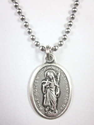St Scholastica Medal Italy Pendant Necklace 24'' Ball Chain Gift Box Prayer Card