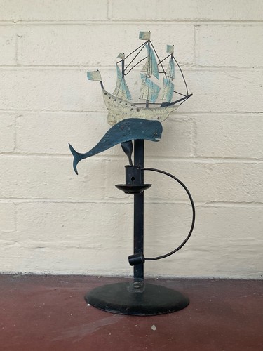 Nautical Folk Art Sailboat Whale Beautiful Rocking Motion Balance Candle Holder