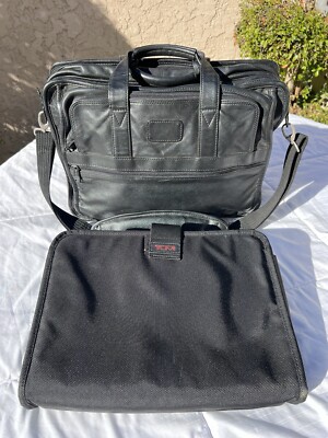Tumi Expandable Large Black Leather briefcase With Removable Laptop Sleeve Bag