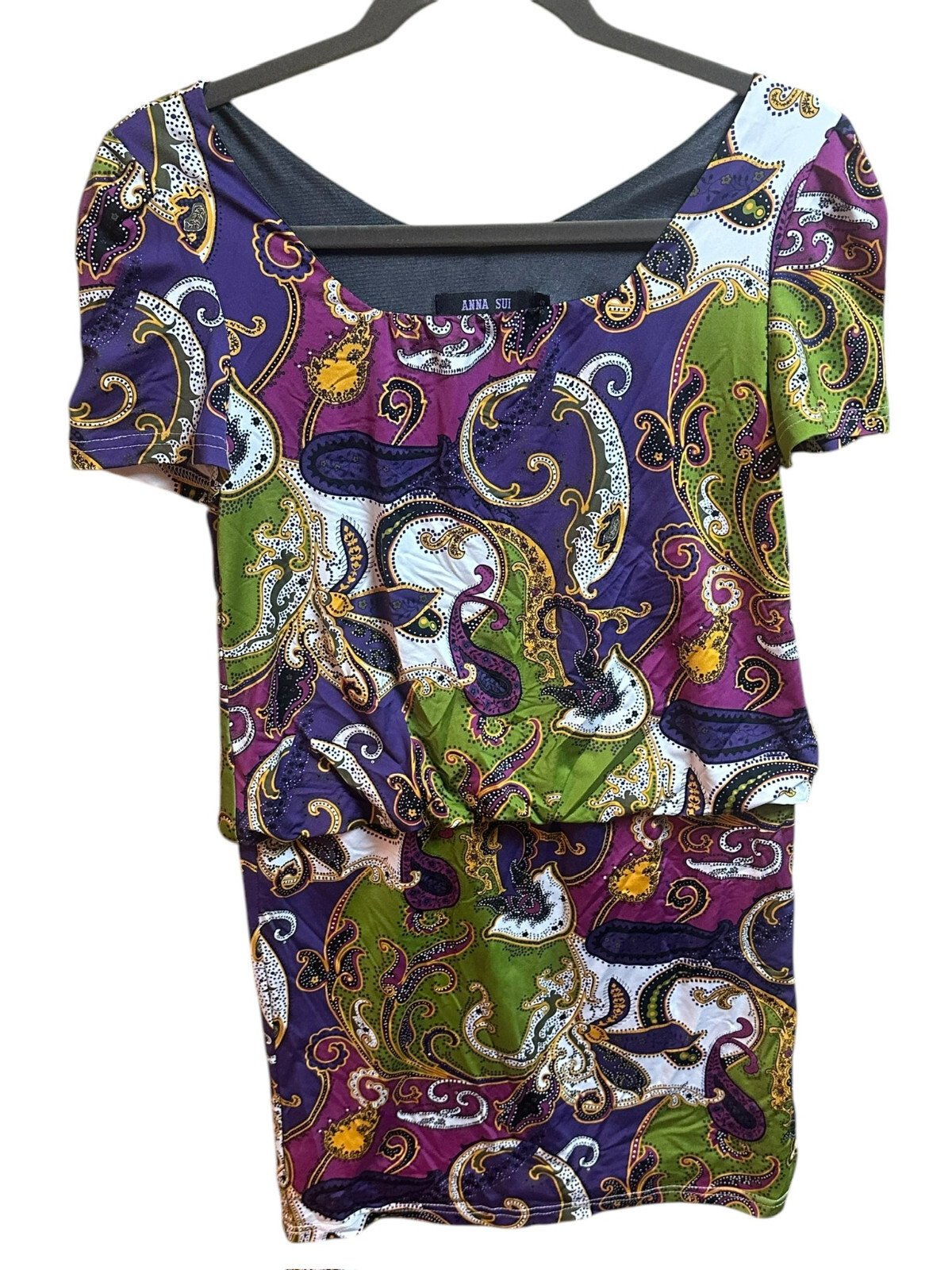Anna Sui Multicolor Paisley Print Satin Blouson Short Sleeve Mini Dress Sz Small
