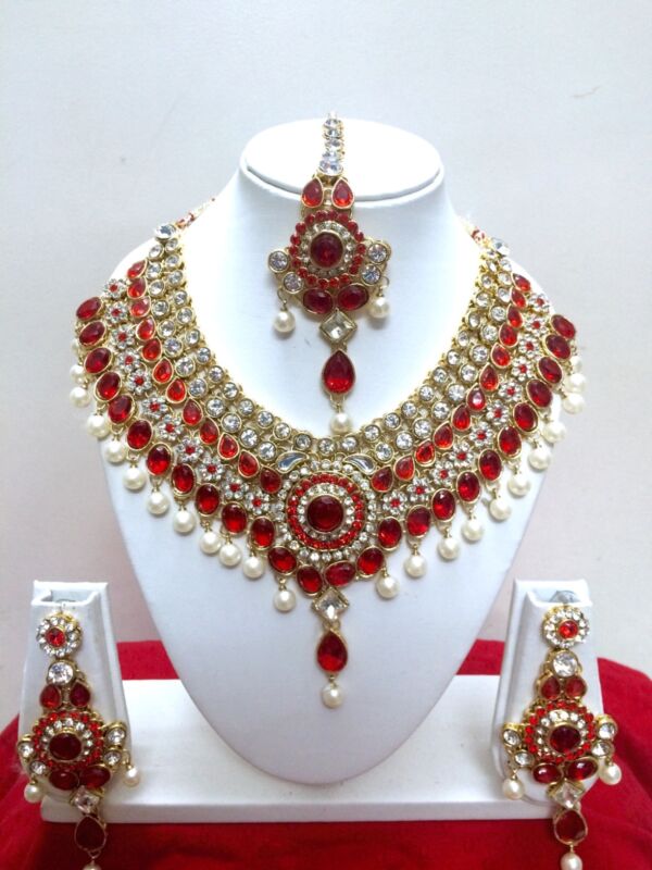 Indian Bollywood Style Diamante Kundan Pearl Gold Tone Bridal Jewelry Set 